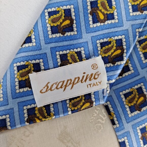 Scappino Italy Men'sTie 100% Silk Light Blue Gold Diamonds/Paisley Pattern - Picture 5 of 7